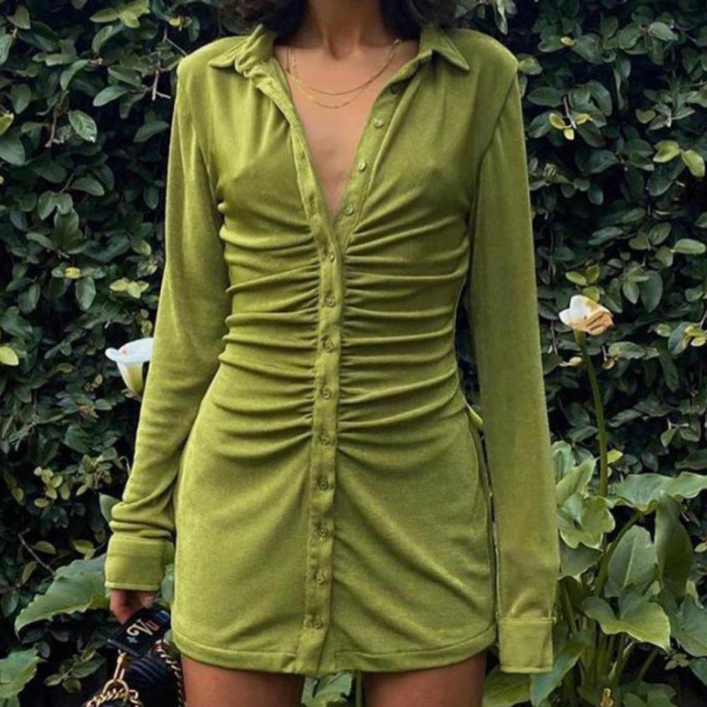 GREEN PLEATED BODYCON SHIRT DRESSE